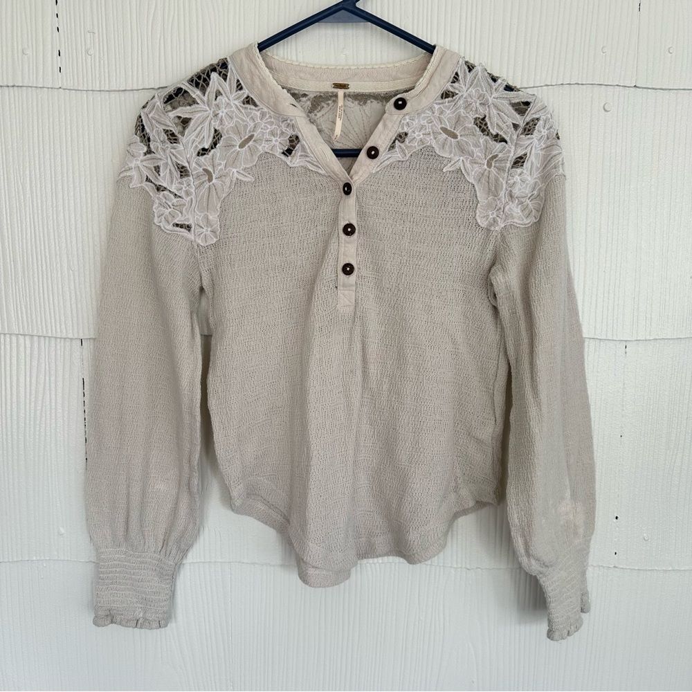 Free People Small Women’s Top Lace Cutout Button Up Long Sleeve Shirt Boho Chic